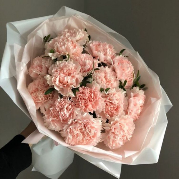 Букет 15 нежных гвоздик с зеленью